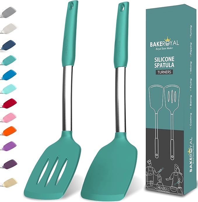BakeRoyal Silicone Spatula Set - Turner Spatulas Silicone Heat Resistant 600°F - Slotted & Solid Spatula for Cooking Fish, Eggs, Pancakes Flipper – Spatulas for kitchen use – Turquoise by BAKEROYAL