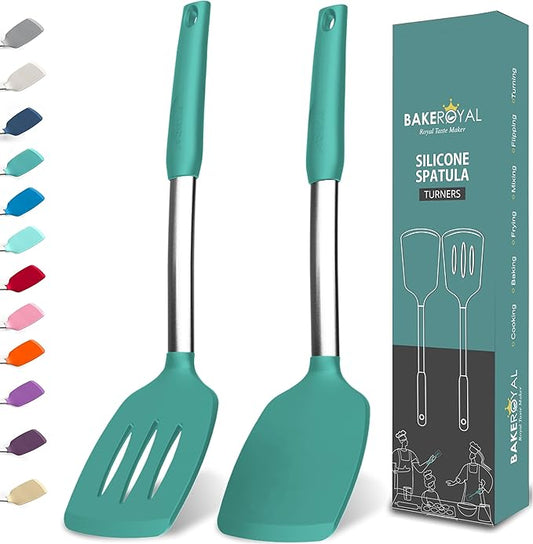 BakeRoyal Silicone Spatula Set - Turner Spatulas Silicone Heat Resistant 600°F - Slotted & Solid Spatula for Cooking Fish, Eggs, Pancakes Flipper – Spatulas for kitchen use – Turquoise by BAKEROYAL