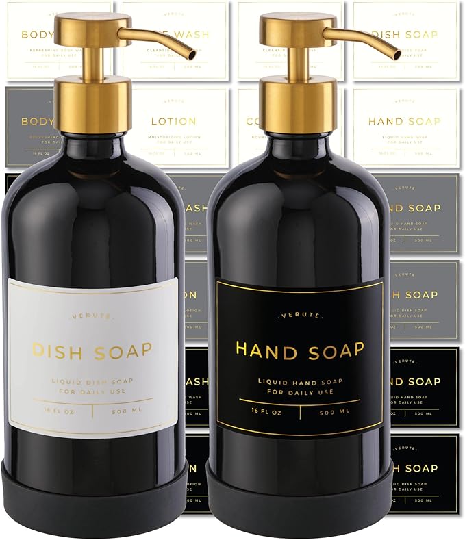 Hand and Dish Soap Dispenser for Kitchen and Bathroom, Set of 2 16 Oz Glass Bottles, Stainless Steel Pumps, Non-Slip Silicone Base, 27 Waterproof Labels (Gloss Black Bottle/Brushed Gold Pump) by Verute