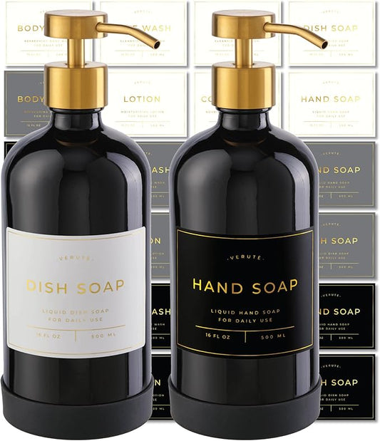 Hand and Dish Soap Dispenser for Kitchen and Bathroom, Set of 2 16 Oz Glass Bottles, Stainless Steel Pumps, Non-Slip Silicone Base, 27 Waterproof Labels (Gloss Black Bottle/Brushed Gold Pump) by Verute