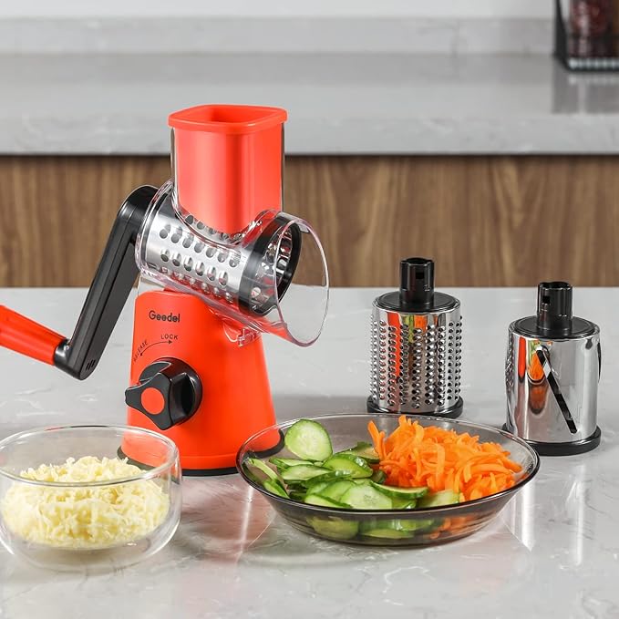 Geedel Rotary Cheese Grater, Kitchen Mandoline Vegetable Slicer with 3 Interchangeable Blades, Easy to Clean Rotary Grater Slicer for Fruit, Vegetables, Nuts - Image 9