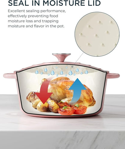 Enameled Cast Iron Dutch Oven - 7.5QT Dutch Oven Pot with Lid & Cotton Potholders - Heavy-Duty Non Stick Casserole Pot for Braising, Stews, Roasting, Baking, Suitable for All Stovetops, Gentle Pink - Image 3