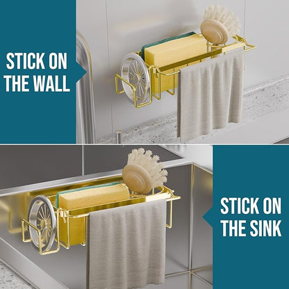 TAILI Sponge Holder with Strong Suction Cup, 4-in-1 Rustproof Sink Organizer - Sink Caddy Holds Sponges, Brushes, Stoppers & Scrapers -Gold - Image 7