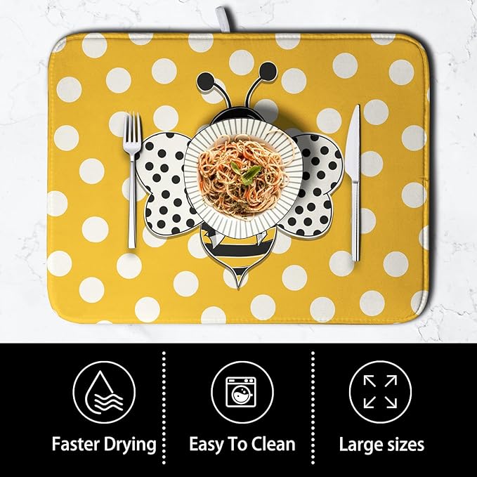 Bee Dish Drying Mat for Kitchen Counter 16x18 Inch Yellow Honey Bees Polka Dots Dishes Pad Cute Bumblebee Dish Draining Microfiber Absorbent Dish Drainer Rack Mat Medium Kitchen Accessories - Image 4