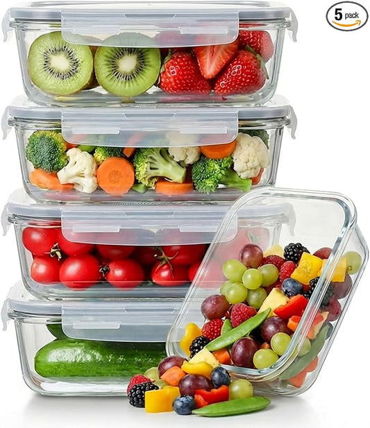 5 Pack 36oz Borosilicate Glass Food Storage Containers Set with Lids, Freezer Meal Prep Containers, Airtight Bento Lunch Container Set, Oven, Freezer and Dishwasher Safe, BPA Free, Kitchen Storage Set