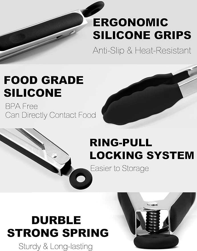 Anaeat Non-Stick Silicone Locking Tong - Stainless Steel 9" Kitchen Food Tongs with Non-Slip Silicone Tips and Grip for Cooking, Baking and BBQ - Heat Resistant up to 480°F (Black)