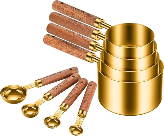 Stainless Steel Measuring Cups and Spoons Set of 8, Stackable Wooden Handle Metal Measuring Cup & Spoon Set with Metric & US Measurements, Rustic Farmhouse Kitchen Gadgets for Dry & Liquid Ingredients