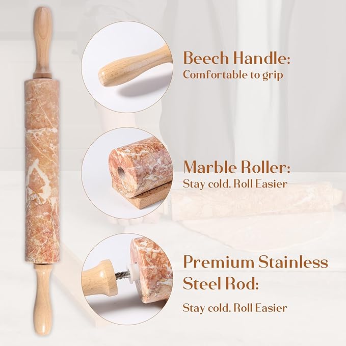 Koville Marble Rolling Pin, Non-Stick Polished Dough Roller, Pasta, Dumpling, Ravioli, Fondant,Pie Crust, Kitchen Baking Pastry Tools Red Marble - Image 4