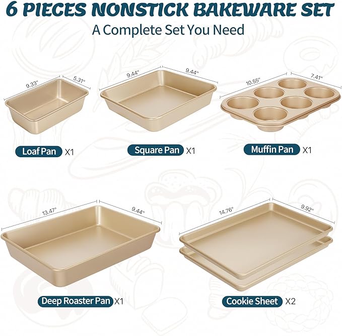 Baking Pans Set, Nonstick Stackable Bakeware Sets, Oven Pans for Cooking, AIVIKI 6 Pieces Baking Sheets Set Including Cookie Sheet, Deep Roaster Pan, Square Pan, Loaf Pan, Muffin Pan, Carbon Steel - Image 2