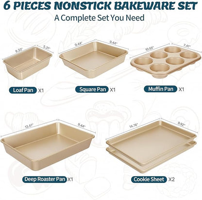 Baking Pans Set, Nonstick Stackable Bakeware Sets, Oven Pans for Cooking, AIVIKI 6 Pieces Baking Sheets Set Including Cookie Sheet, Deep Roaster Pan, Square Pan, Loaf Pan, Muffin Pan, Carbon Steel - Image 2