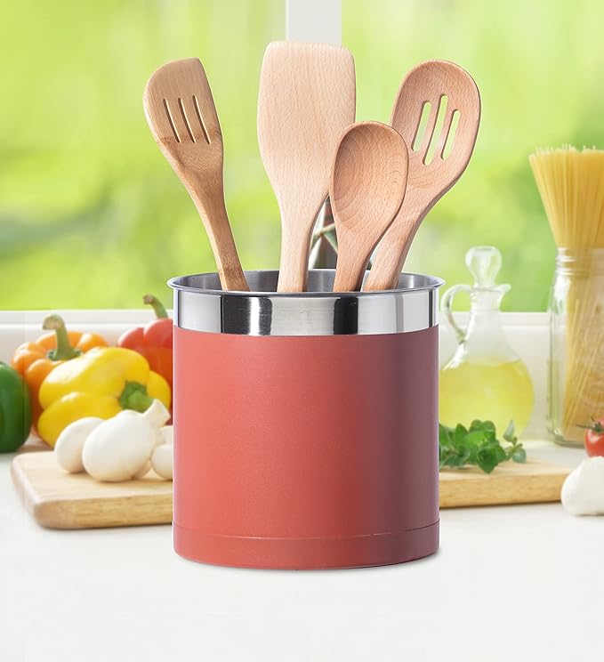 OGGI Stainless Steel Jumbo Utensil Holder - 7" Utensil Caddy, Weighted Base for Stability - Extra Large Utensil Crock and Countertop Utensil Organizer, Brick Red - Image 4