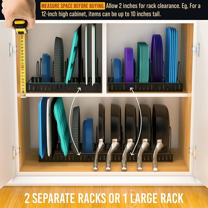 Norcalway Adjustable Bakeware Pots and Pans Organizer Under Cabinet,11 Dividers Cookie Sheet Baking Pan Pot Lid Organizers - Image 5