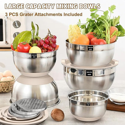 Umite Chef Mixing Bowls with Airtight Lids Set, 8PCS Stainless Steel Nesting Bowls with Grater Attachments, Non-Slip Bottoms, 5, 4, 3.5, 2, 1.5QT for Mixing & Serving - Image 5