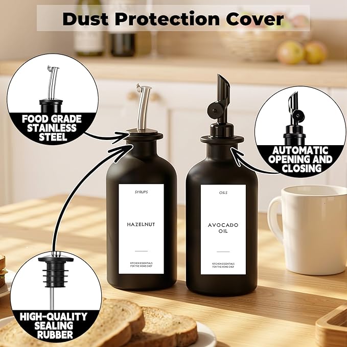 3PCS Olive Oil Dispenser Bottle For Kitchen, Soy Sauce Dispenser, Dark Glass Bottles for Oil and Vinegar Dispenser Set W. Wooden Tray & Labels & 3 Replacement Spouts, Coffee Syrup Dispenser(Black) - Image 7
