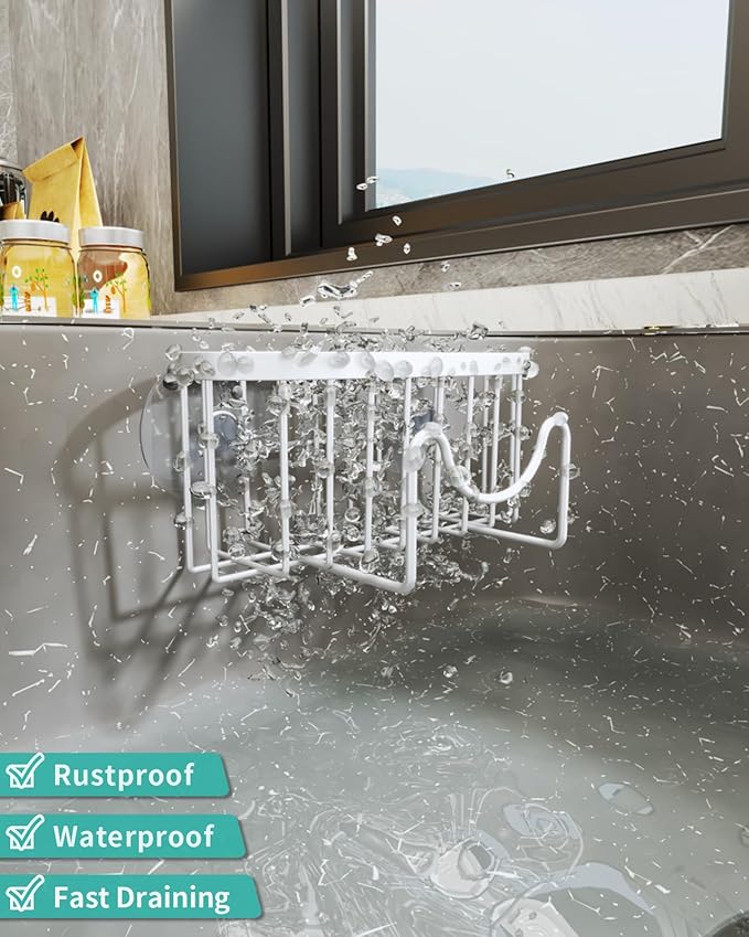 HapiRm Sponge Holder for Kitchen Sink - Sink Caddy with Unique M-Shaped, 2 Installation Methods Kitchen Organizer, Rustproof Stainless Steel Sponge Caddy - White - Image 4