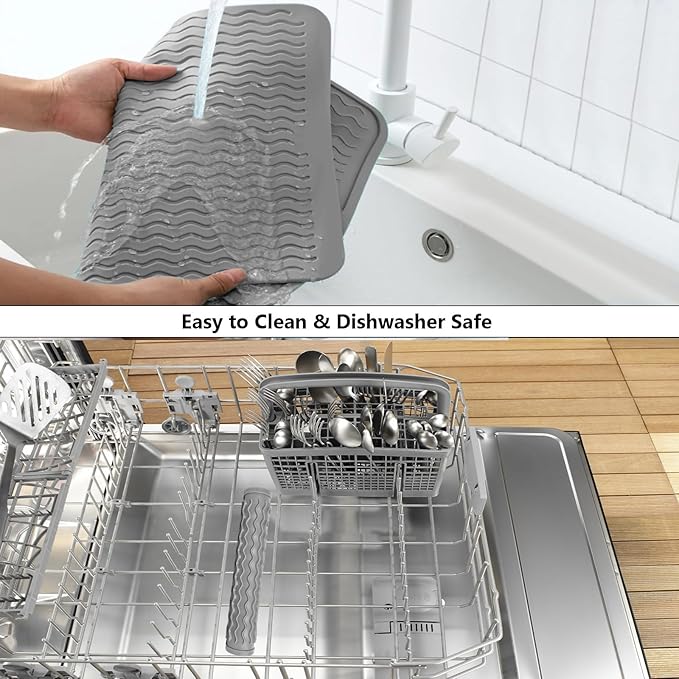 ZLR 2 Pcs Silicone Dish Drying Mat & Heat Resistant Trivet (12" x 16") - Waterproof Counter Protector for Coffee Maker - Non-Slip, BPA Free Kitchen Pad, Easy Clean Dishwasher Safe (Dark Gray) - Image 8