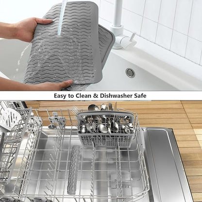 ZLR 2 Pcs Silicone Dish Drying Mat & Heat Resistant Trivet (12" x 16") - Waterproof Counter Protector for Coffee Maker - Non-Slip, BPA Free Kitchen Pad, Easy Clean Dishwasher Safe (Dark Gray) - Image 8