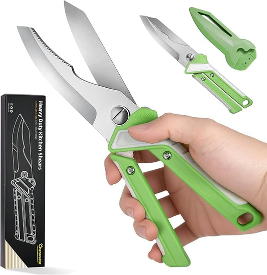 Chenovate® Heavy Duty Kitchen Scissors,Kitchen Shears with Knife & Scissor Switch Lock,Food Scissors Fit for Poultry Bones,Turkey,Meat Cutting,Veggies,Fish,Pizza(green)