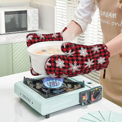 Red Black Buffalo Plaid Oven Mitts and Pot Holders Set, 4pcs Winter White Snowflakes Christmas Silicone Oven Glove for Kitchen Heat Resistant Oven Mitts and Potholders Non-Slip for Cooking
