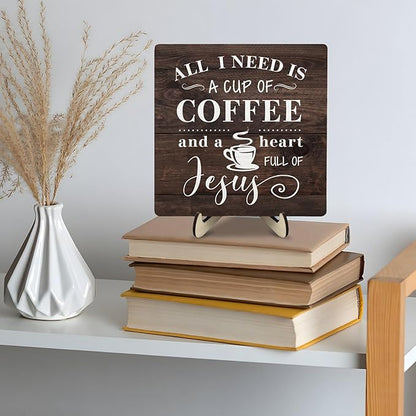 Coffee Bar Sign Plaque Decor-A Heart Full of Jesus,Cafe Bar Accessories,Christian Rustic Wooden Tabletop Plaque with Stand, Faith Scripture Mini Counter Sign for Kitchen Coffee Station Office 5.9x5.9 - Image 8