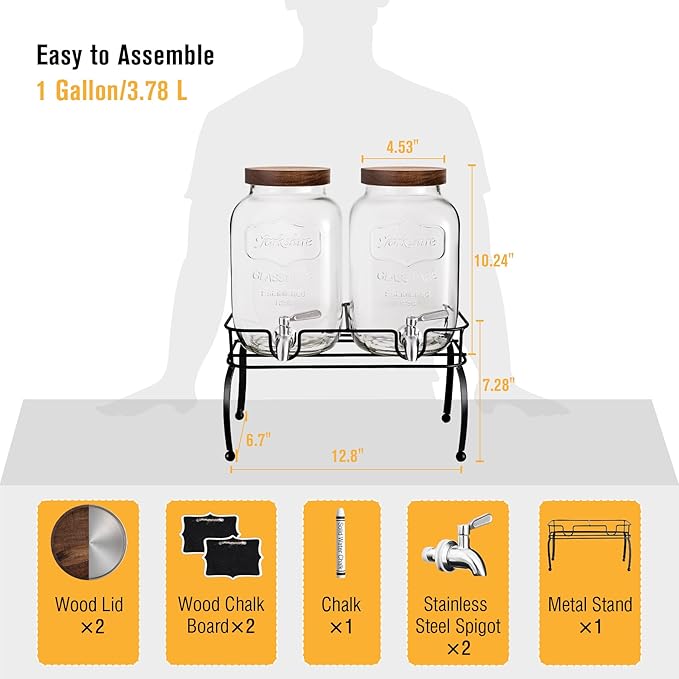 mustry Glass Drink Dispenser for Parties, 1 Gallon Beverage Dispenser with Stand and Spigot Solid Stainless Steel, Used as Lemonade Dispenser Sun Tea Jar Kombucha Jar, Set of 2 - Image 2