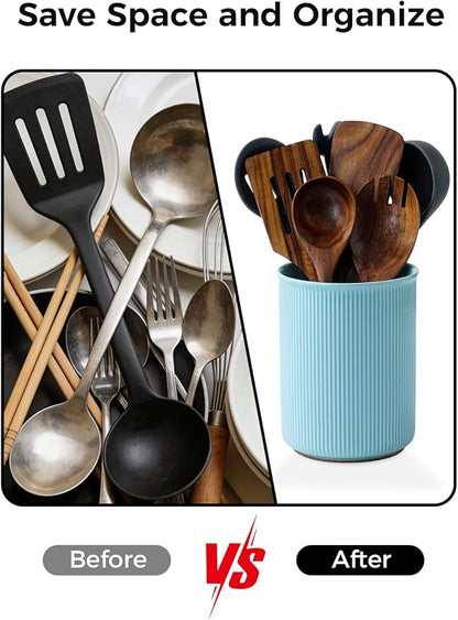 LoeJan Utensil Holder, Extra Large Utensil Crock, Stable Ceramic Utensil Organizer, Cooking Tool Organizer Set for Kitchen Counter Farmhouse Décor, Turquoise - Image 6