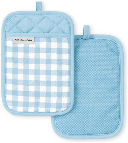KitchenAid Gingham Pot Holder 2-Pack Set, Blue Velvet, 7"x10"