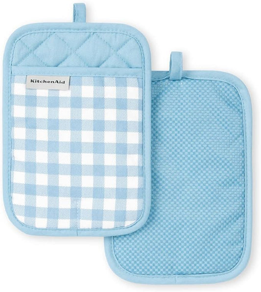 KitchenAid Gingham Pot Holder 2-Pack Set, Blue Velvet, 7"x10"