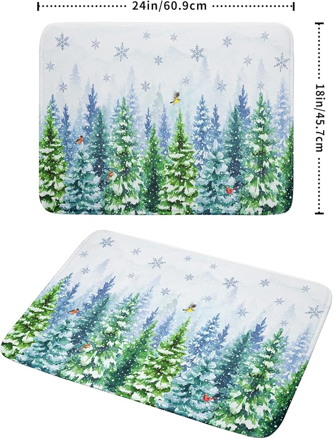 Winter Forest Dish Drying Mats - Snowflake Birds Dish Drainer Mat 18x24 Welcome Christmas Dish Draining Mat Watercolor Wildlife Tree Drying Pad for Kitchen Counter Sink - Image 2