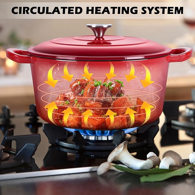 TeamFar Enameled Cast Iron Dutch Oven, 6 Quart Pot with Lid & Dual Handles - Heavy Duty Cookware Oven Safe up to 500° F for Bread Baking, Stews, Braising, Roasting - Red - Image 6