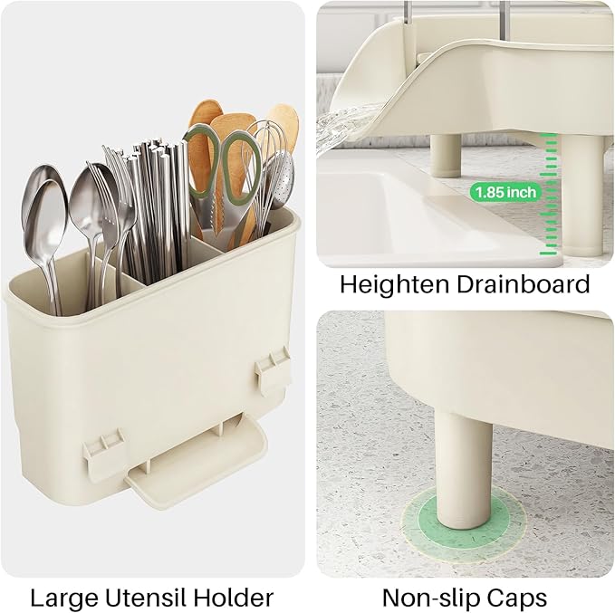 SAYZH Dish Drying Rack - Expandable Dish Rack for Kitchen Counter, Rust-Resistant Dish Drainer with Utensil Holder and Raised Guardrail, Kitchen Organizer for Cup and Bottle (Beige) - Image 7