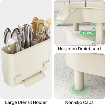 SAYZH Dish Drying Rack - Expandable Dish Rack for Kitchen Counter, Rust-Resistant Dish Drainer with Utensil Holder and Raised Guardrail, Kitchen Organizer for Cup and Bottle (Beige) - Image 7