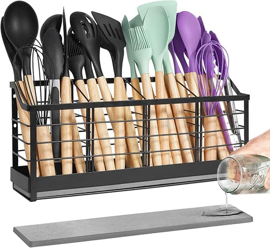 Large Kitchen Utensil Holder with Diatomite Base – Wall-Mountable Utensil Caddy with 4 Compartments – Fast-Drying Matte Black Utensil Organizer for Kitchen Countertop or Wall by Witarten