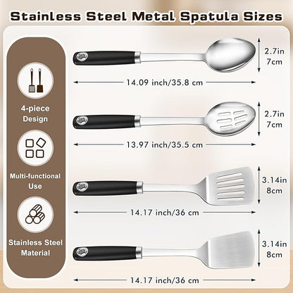 4 Pcs Cooking Utensils Set, Stainless Steel Kitchen Utensils, Heat Resistant Metal Kitchen Tools Include Solid & Slotted Turner Wok Spatula, Serving Spoon, Ergonomic Handle, Easy to Clean, Silver - Image 7