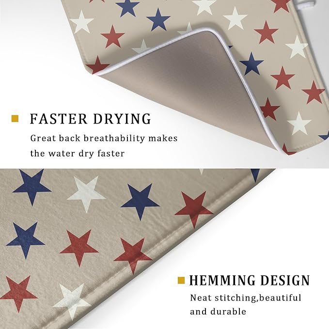 Patriotic July of 4th Blue Red White Star Dish Drying Mat for Kitchen Counter 18x24 Independence Day Absorbent Reversible Microfiber Drying Mats Kitchen Countertop Protector Dishes Drainer Rack Pad - Image 3