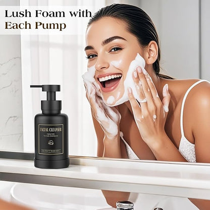 Luxspire Foaming Soap Dispenser, Glass Foam Pump Soap Dispenser, Non-Slip Hand Soap Bottle with 5 Waterproof Labels, 15 Oz Refillable Liquid Soap Bottle for Bathroom & Kitchen, Black, 2 Pack