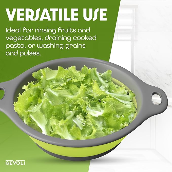 Gevoli Large Collapsible Colander with Self Draining Base - 5Qt Side Drain Food Strainer for Edge of Kitchen Sink (Patent Pending) Green (2 Piece Set) - Image 6