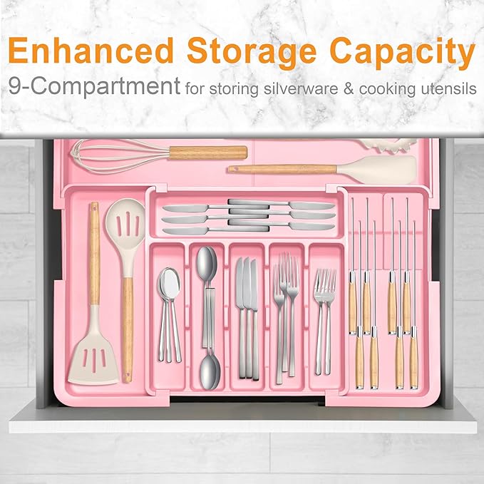 Homecor Silverware Organizer - Expandable Large Kitchen Drawer Organizer Utensil Organizer with 2 Knife Block Inserts, 22"x 19"Cutlery Tray with Drawer Dividers for Kitchen Flatware (Pink) - Image 7
