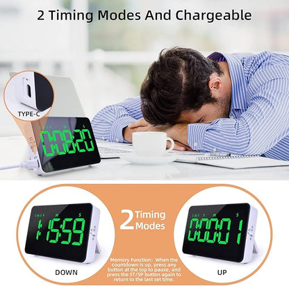 Rechargeable Digital Kitchen Timer for Cooking, Magnetic Timers with Countdown/up, Kids Timer with 5”LED Display 3 Brightness 4 Volume Adjustable for Classroom/Office/Home/Work/Fitness/Game(Green) - Image 2