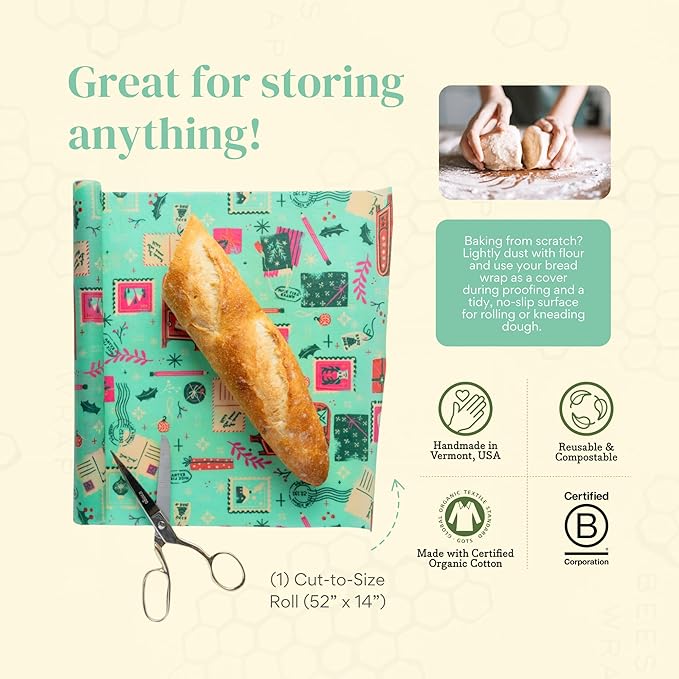 Bee's Wrap Beeswax Wraps for Food - Cut to Size 14x52" Beeswax Wrap Roll - Plastic Free Made in USA Reusable Natural Food Wrap - Seasons Greetings - Image 7