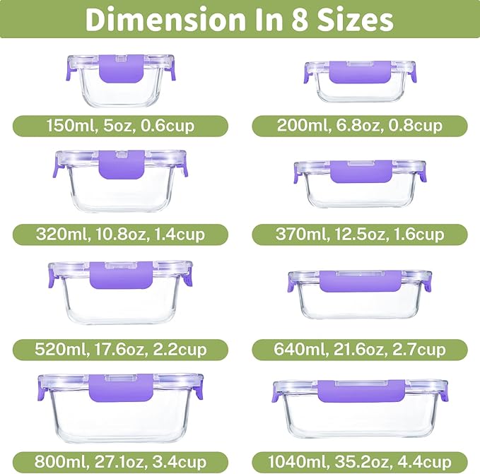 HOMBERKING 8 Pack Glass Food Storage Containers with Lids, Meal Prep Containers, Airtight Bento Boxes with Leak Proof Locking for Microwave, Oven, Freezer and Dishwasher, BPA Free, 5-35oz, purple - Image 2