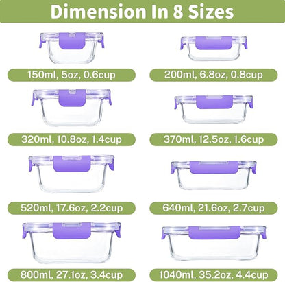 HOMBERKING 8 Pack Glass Food Storage Containers with Lids, Meal Prep Containers, Airtight Bento Boxes with Leak Proof Locking for Microwave, Oven, Freezer and Dishwasher, BPA Free, 5-35oz, purple - Image 2
