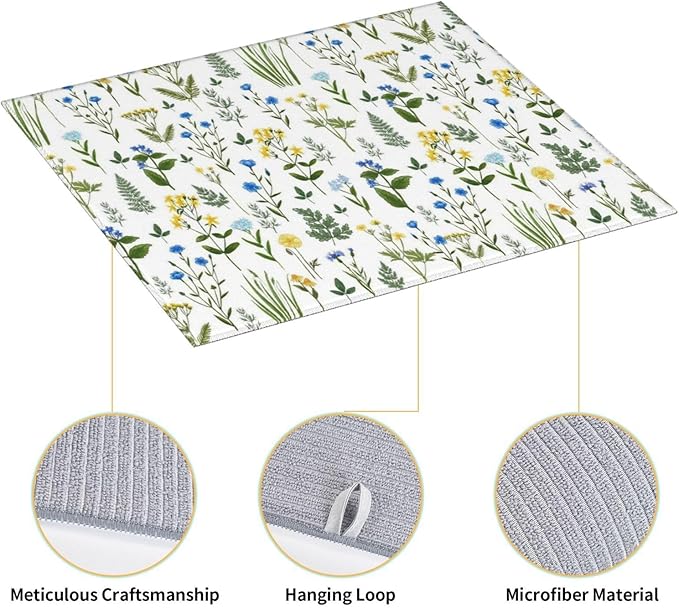 Blue Yellow Wildflower Dish Drying Mats for Kitchen Counter, Vintage Botanic Fern Leaves Floral Kitchen Drainer Pad, Absorbent Microfiber Reusable Washable Dish Draining Mats, Home Decor, 16 x 18 inch