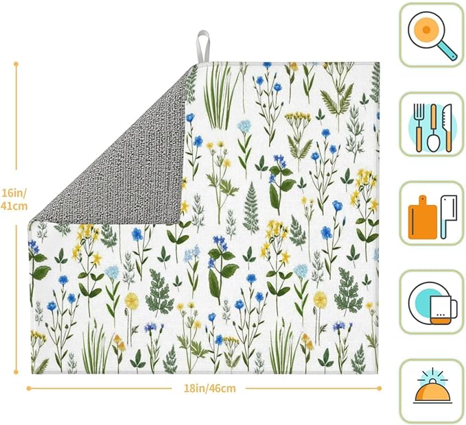 Blue Yellow Wildflower Dish Drying Mats for Kitchen Counter, Vintage Botanic Fern Leaves Floral Kitchen Drainer Pad, Absorbent Microfiber Reusable Washable Dish Draining Mats, Home Decor, 16 x 18 inch