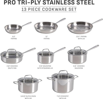 T-fal Pro Tri-Ply Stainless Steel Cookware Set 13 Piece Induction Compatible, Oven Safe 500F, Lids 350F, Fast & Even Heat, Pots and Pans Set, Professional Quality, Kitchen Essentials, Silver - Image 2