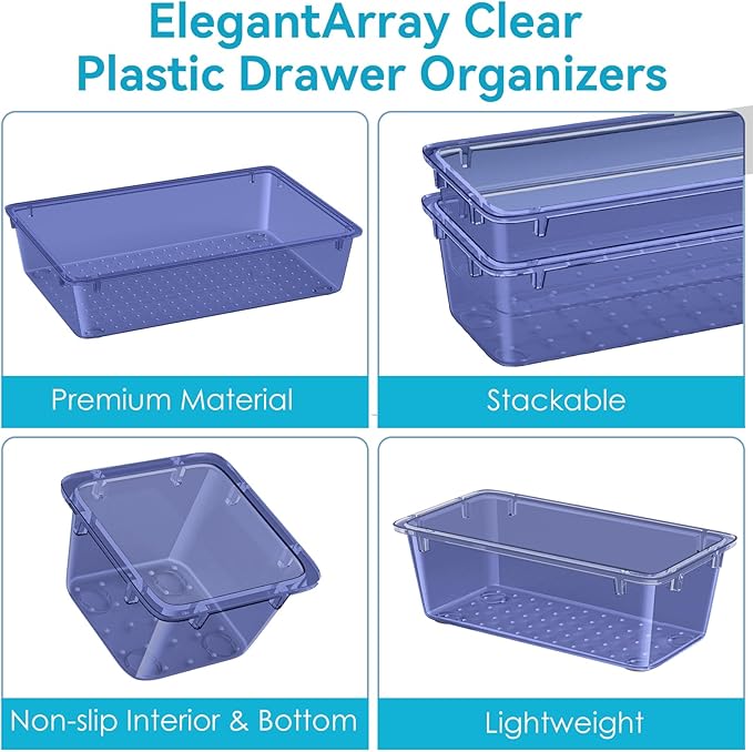 ElegantArray 12 PCS Drawer Organizer Set, 4 Sizes Tool Storage Trays, Clear Plastic Makeup Vanity Organizer and Storage Bins for Stationeries, Multiple Gadgets for Office, Bedroom, Navy Blue - Image 5