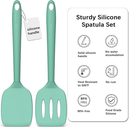 Coukre 2 Pack Silicone Spatula Set, High Heat Resistant, BPA Free Kitchen Spatula, Solid & Slotted Turner for Non-Stick Pans, Sautéing, and Flipping (2, SolidAquaGreen) - Image 2