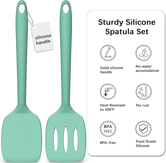 Coukre 2 Pack Silicone Spatula Set, High Heat Resistant, BPA Free Kitchen Spatula, Solid & Slotted Turner for Non-Stick Pans, Sautéing, and Flipping (2, PureAquaGreen) - Image 3