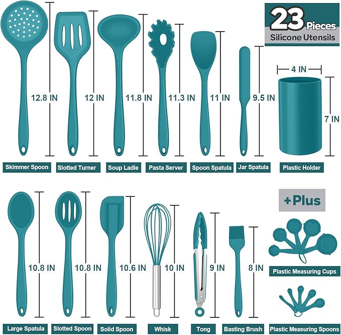 Silicone Kitchen Utensils Set, E-far 23 Pcs Blue Cooking Utensils Tools with Holder for Nonstick Cookware, Include Spatula/Spoon/Ladle/Tongs/Turner, Heat Resistant & Nontoxic, Dishwasher Safe - Image 2