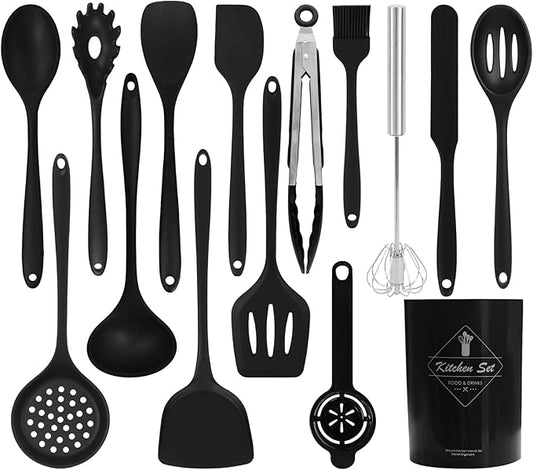 Silicone Kitchen Utensils Set 15PC Cooking Utensils Set, Heat Resistant Kitchen Gadgets Sets for Nonstick Cookware with Holder, Turner, Tongs, Whisk, Spoons, Spatulas, Brush, Black